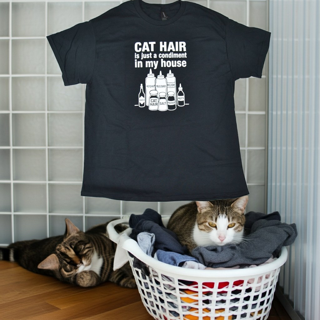 Funny Cat Hair T-Shirt – “Cat Hair Is Just a Condiment in My House” – Cat Lover Tee – Pet Humor Shirt