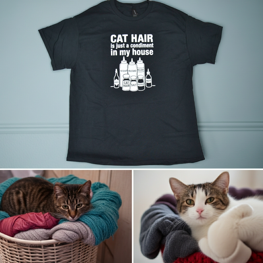 Funny Cat Hair T-Shirt – “Cat Hair Is Just a Condiment in My House” – Cat Lover Tee – Pet Humor Shirt