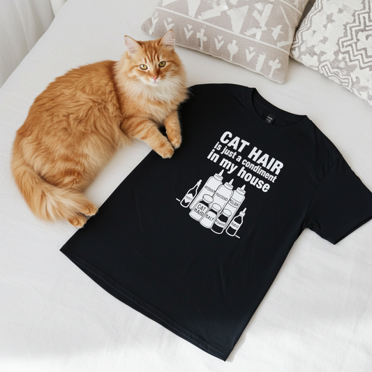 Funny Cat Hair T-Shirt – “Cat Hair Is Just a Condiment in My House” – Cat Lover Tee – Pet Humor Shirt