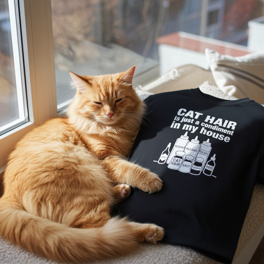 Funny Cat Hair T-Shirt – “Cat Hair Is Just a Condiment in My House” – Cat Lover Tee – Pet Humor Shirt