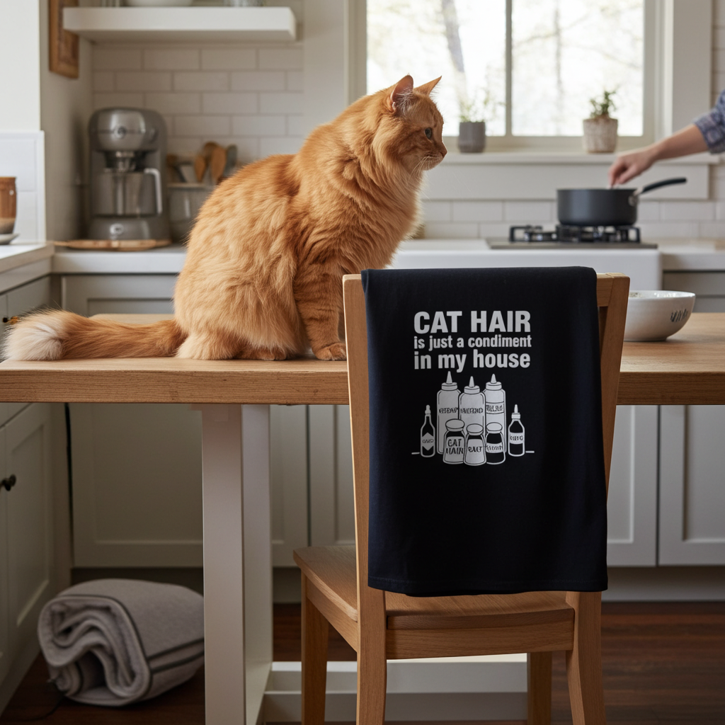Funny Cat Hair T-Shirt – “Cat Hair Is Just a Condiment in My House” – Cat Lover Tee – Pet Humor Shirt