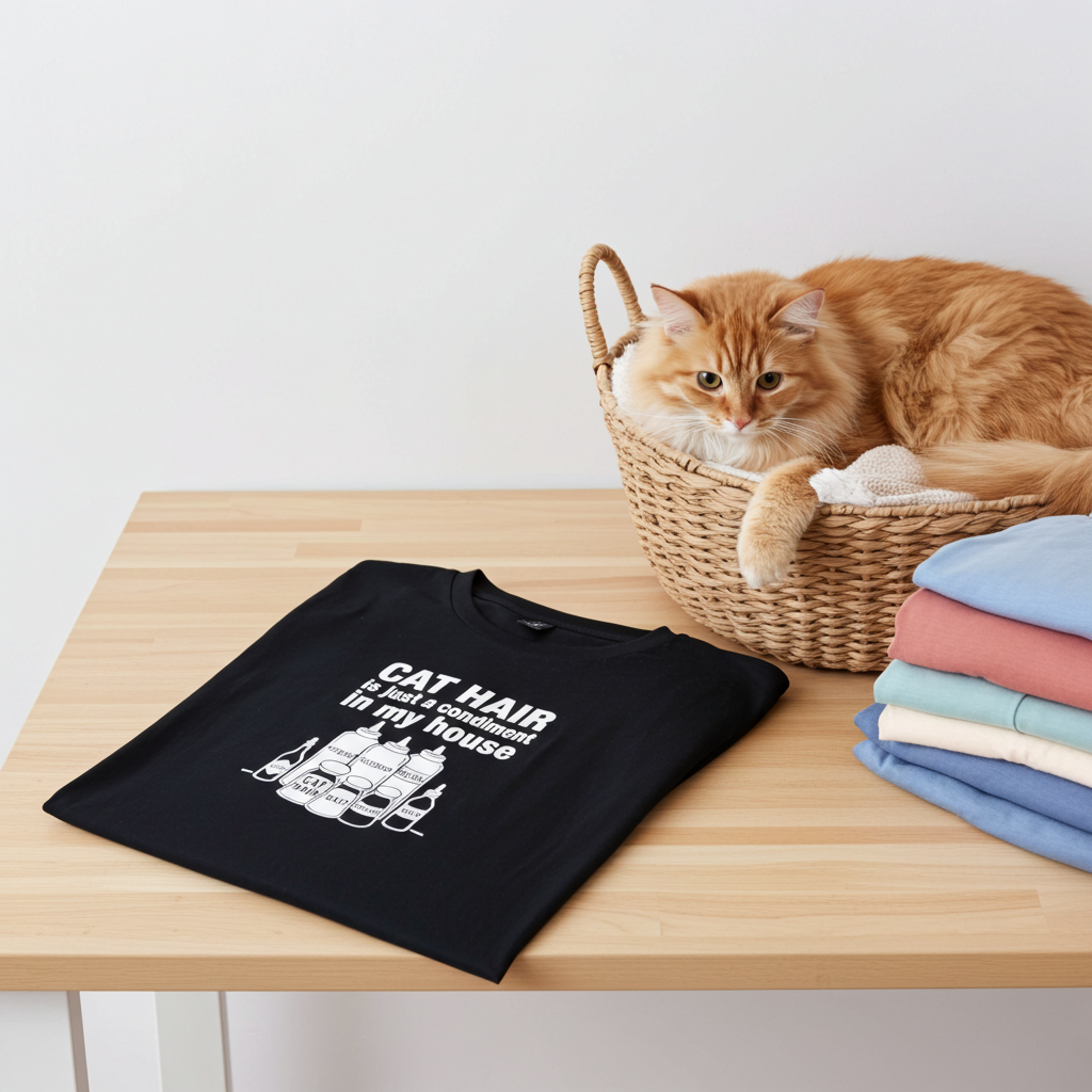 Funny Cat Hair T-Shirt – “Cat Hair Is Just a Condiment in My House” – Cat Lover Tee – Pet Humor Shirt