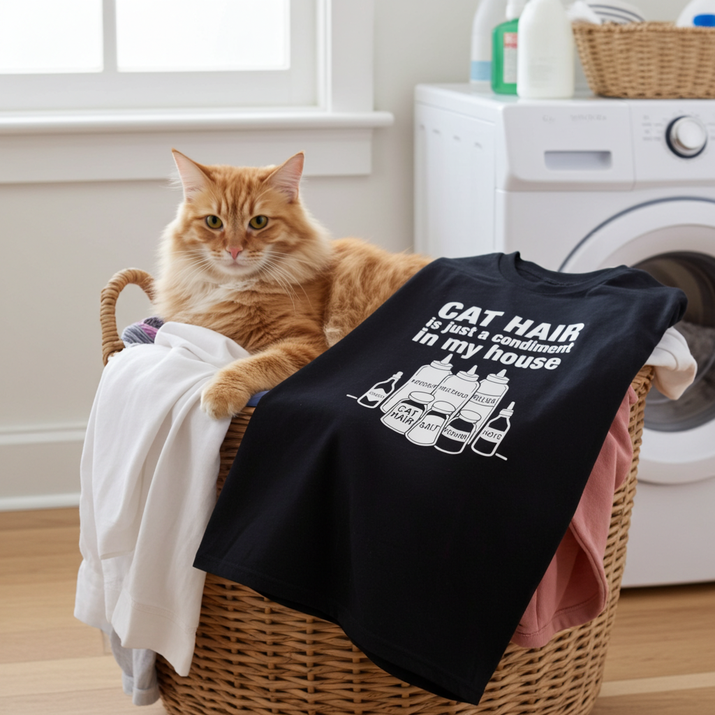 Funny Cat Hair T-Shirt – “Cat Hair Is Just a Condiment in My House” – Cat Lover Tee – Pet Humor Shirt
