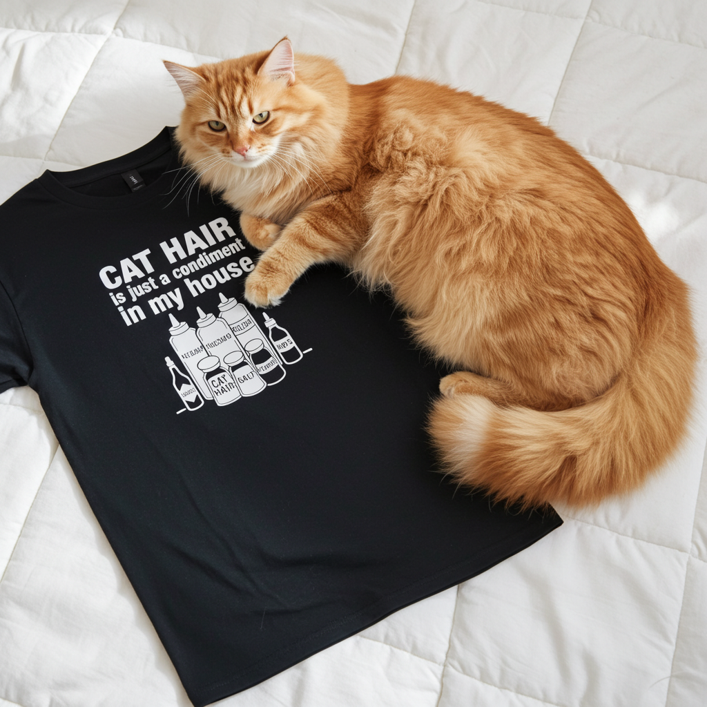 Funny Cat Hair T-Shirt – “Cat Hair Is Just a Condiment in My House” – Cat Lover Tee – Pet Humor Shirt