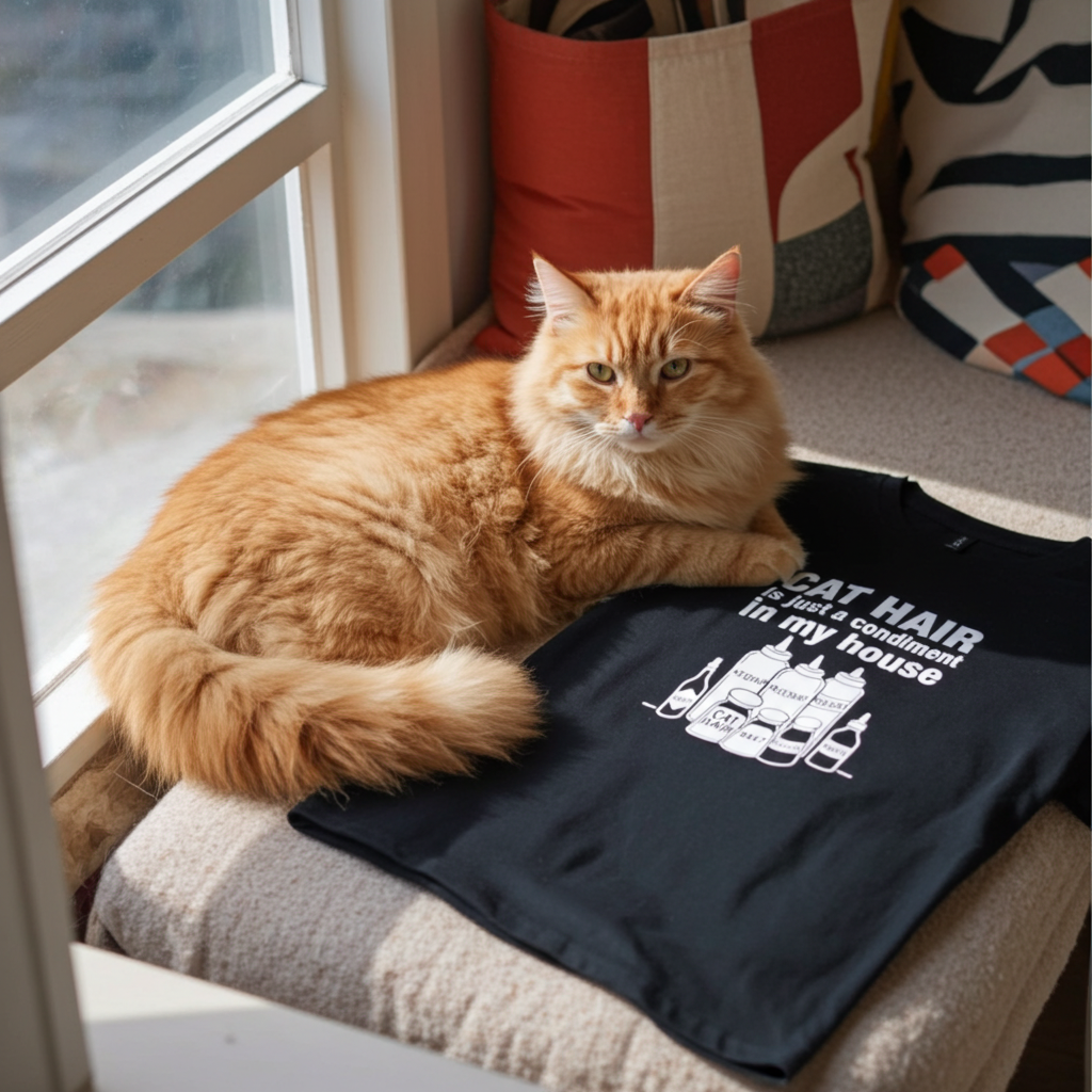 Funny Cat Hair T-Shirt – “Cat Hair Is Just a Condiment in My House” – Cat Lover Tee – Pet Humor Shirt